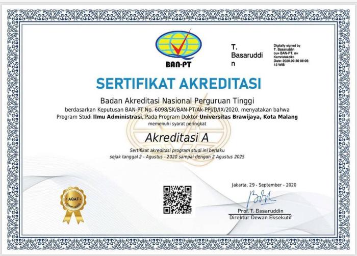 Sertifikat Akreditasi Program Studi Ilmu Administrasi Program Doktor