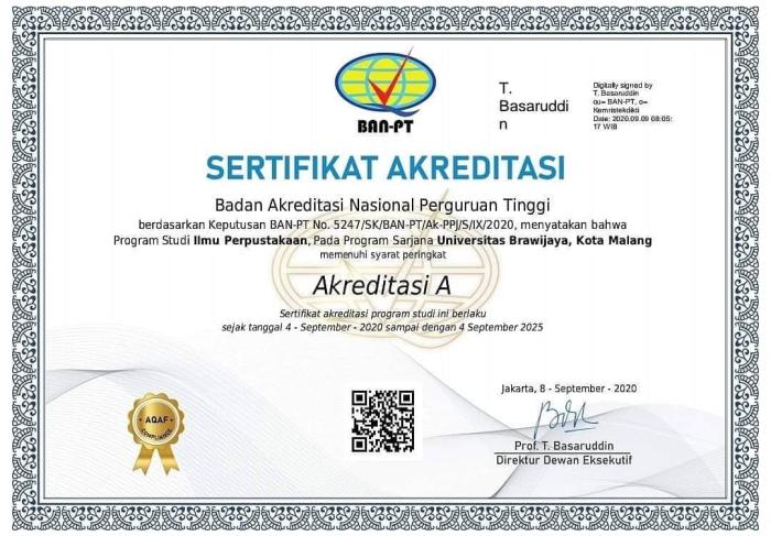 Sertifikat Akreditasi Program Studi Ilmu Perpustakaan Program Sarjana