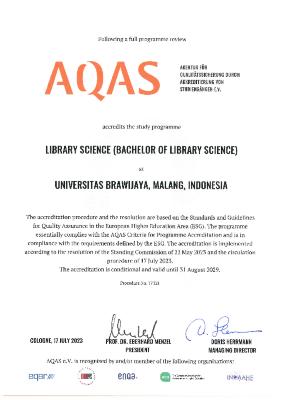 Sertifikat akreditasi Agency for Quality Assurance through Accreditation of Study Programs (AQAS)-Prodi Ilmu Perpustakaan FIA UB