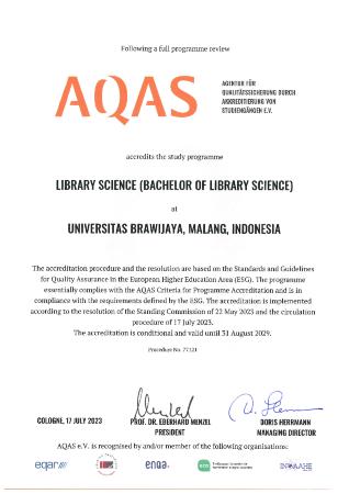 Sertifikat akreditasi Agency for Quality Assurance through Accreditation of Study Programs (AQAS)-Prodi Ilmu Perpustakaan FIA UB