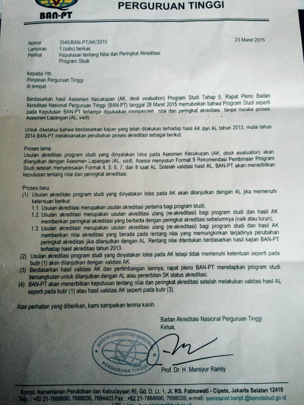 Surat dari BAN PT yang menyatakan bahwa PSIAB layak mendapat peringkat "A" tanpa visitasi.