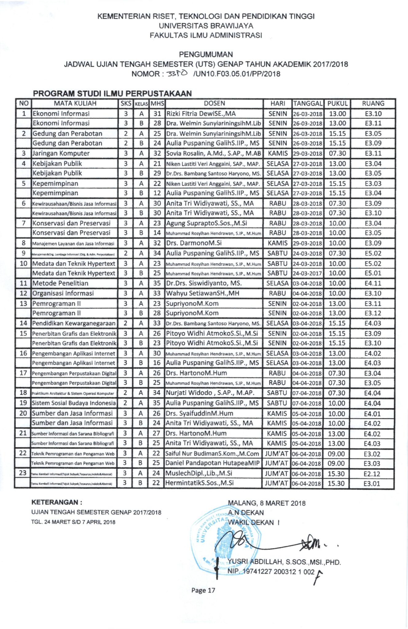 Jadwal Ujian Tengah Semester (UTS) Genap T.A. 2017/2018 Program Studi ...