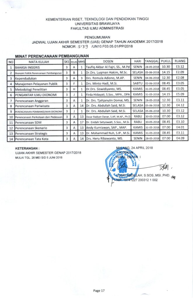 Jadwal Ujian Akhir Semester (UAS) Genap T.A. 2017/2018 Perencanaan ...