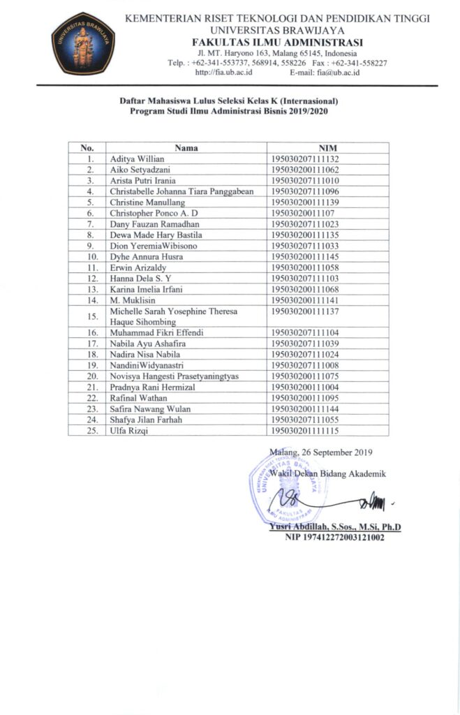 Pengumuman Hasil Seleksi Kelas K (Internasional) Jurusan Ilmu ...