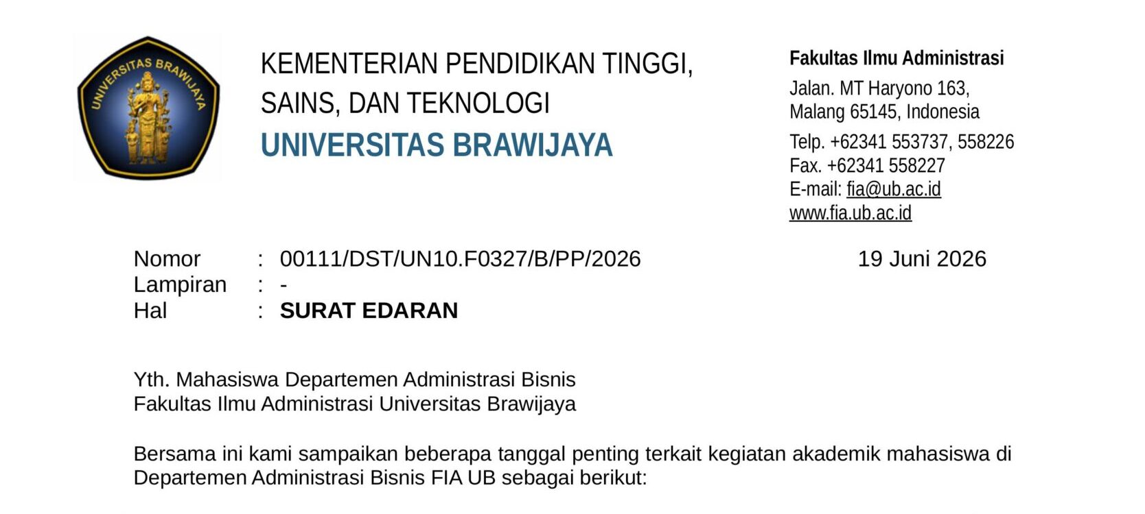 SURAT EDARAN BAGI MAHASISWA DEPARTEMEN ADM BISNIS