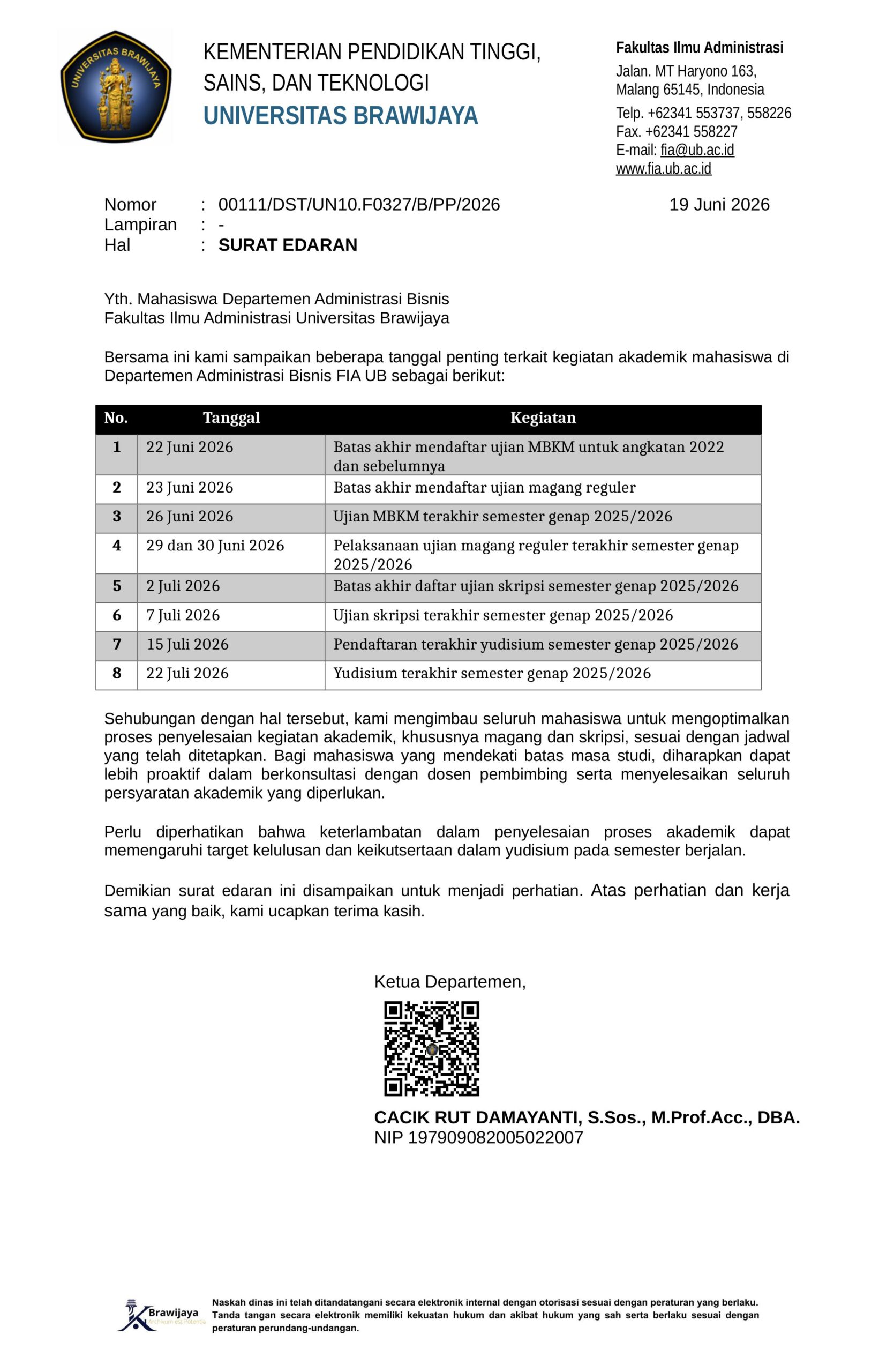SURAT EDARAN BAGI MAHASISWA DEPARTEMEN ADM BISNIS